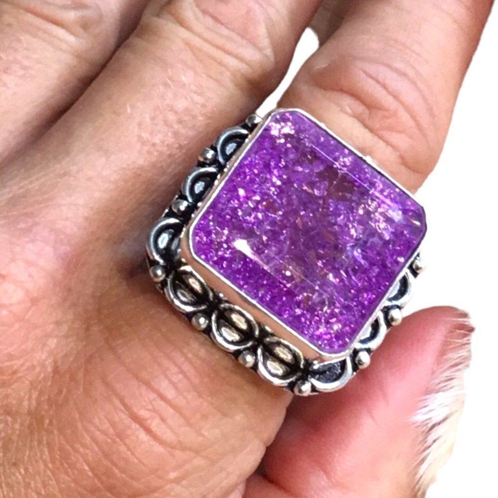 Sterling Silver Crackled Purple Quartz Stone Statement Ring Handcrafted NEW